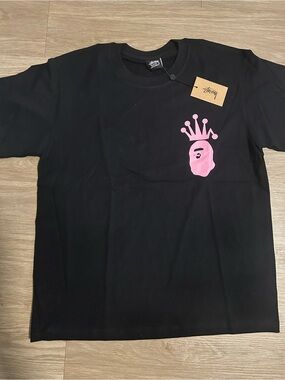 Stussy Kids Black Tee with Pink Crown Ape Graphic